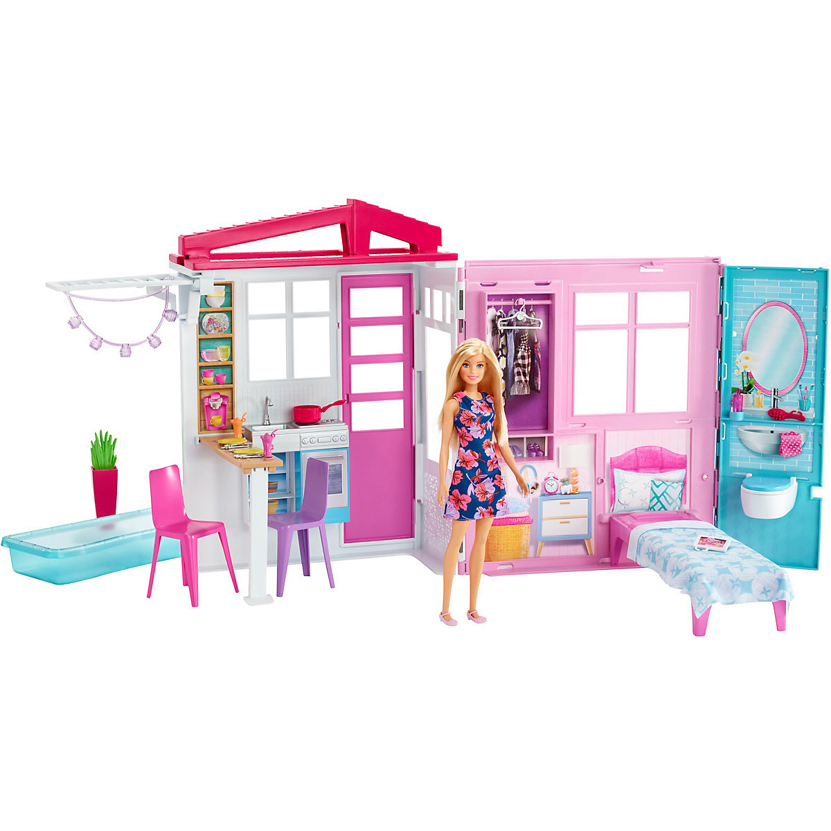 Mattel Barbie Ferienhaus mit Möbeln und Puppe (blond), Puppenhaus mit Zubehör